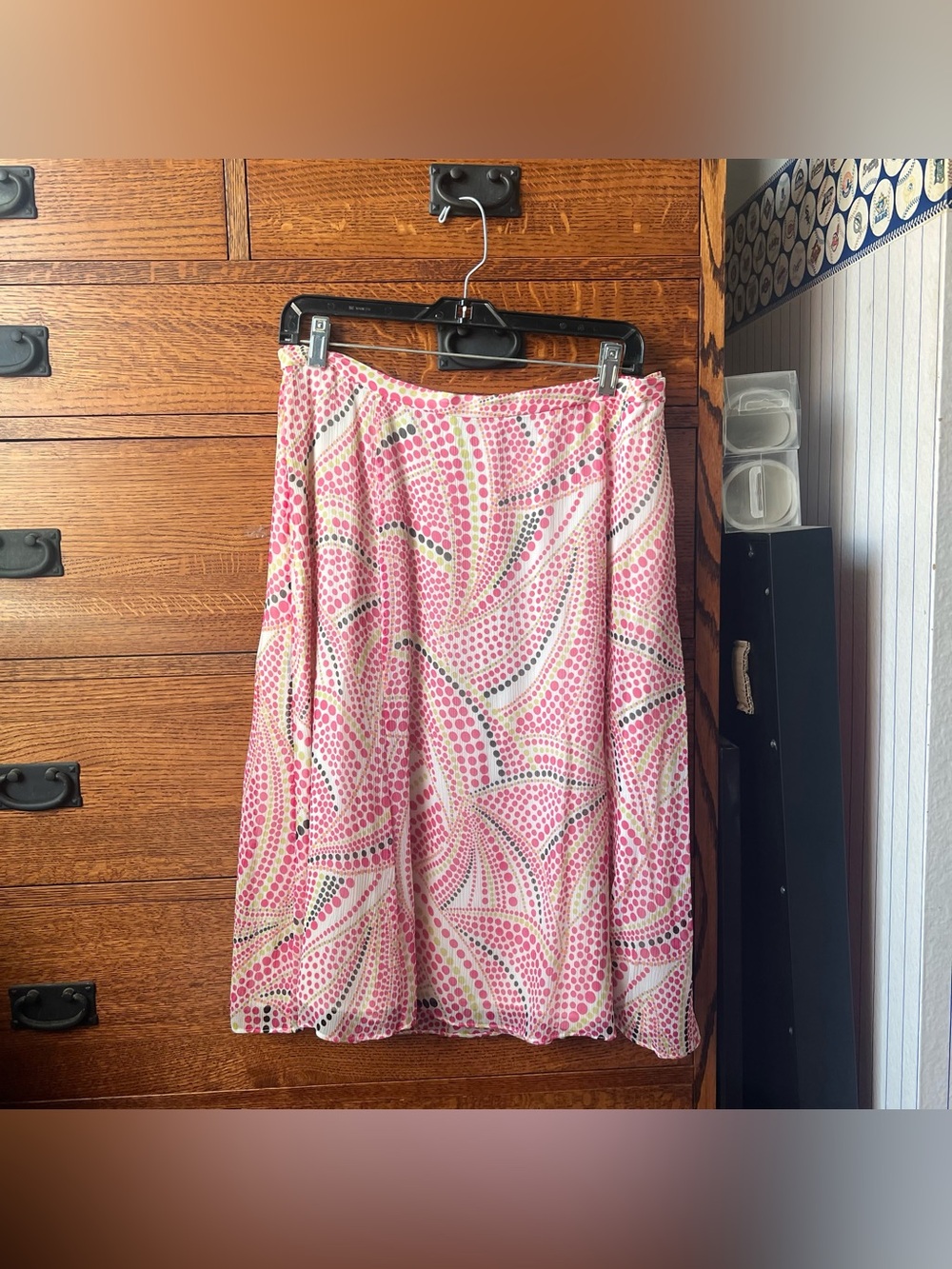 14w 100% Silk Talbots Pink Polka Dot Multicolored midi skirt - EUC